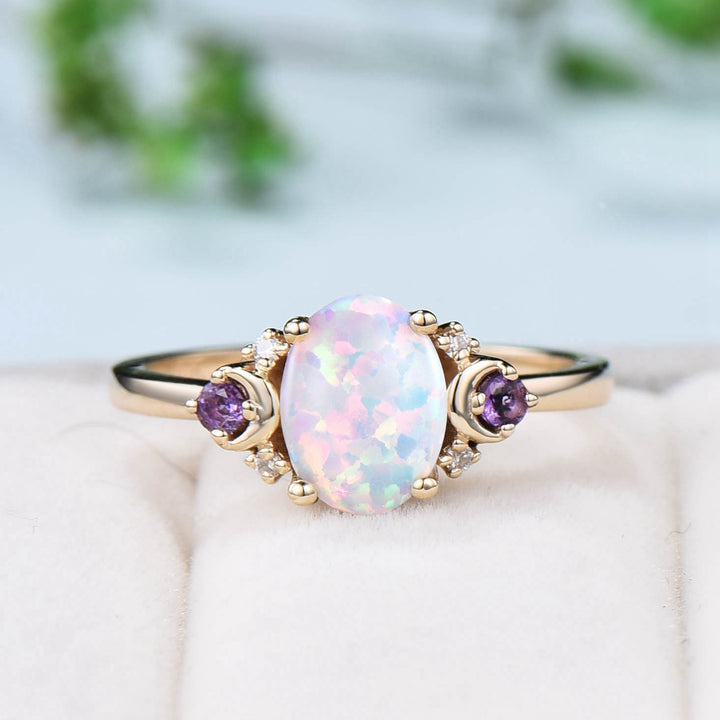 Vintage Opal Engagement Ring Rose Gold Unique Nature Inspired Moon Amethyst Ring Unique Alternative October birthstone Wedding Ring Women - PENFINE