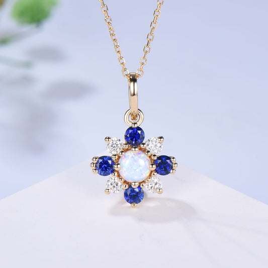 Vintage Opal Sapphire Pendant Necklace, Silver Rose Gold & Moissanite Accent Floral Style