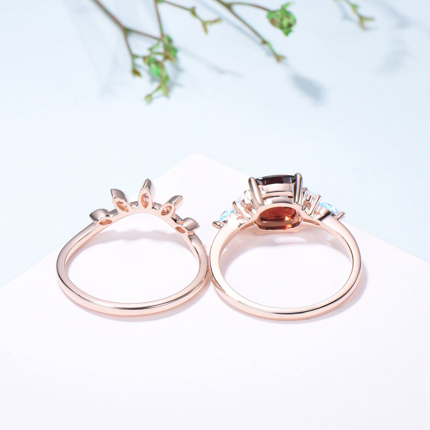 Vintage Garnet Ring For Women Cushion Garnet Engagement Ring Set Unique Opal Moonstone Wedding Ring Curved Moissanite Band Anniversary Gift - PENFINE