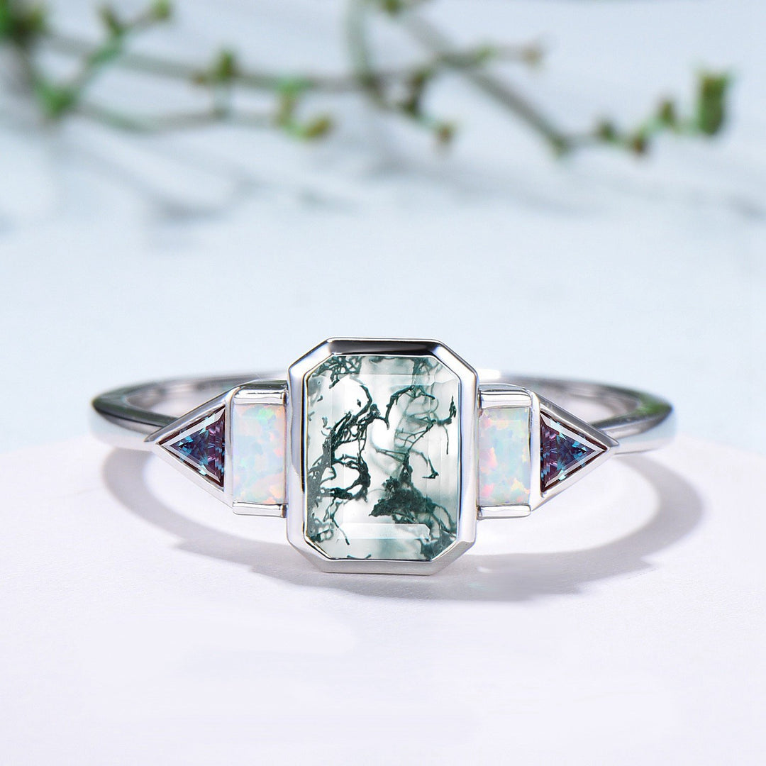 Bezel Set Emerald Cut Moss Agate Engagement Ring Five Stone Baguette Opal & Trillian Alexandrite Wedding Anniversary Ring - PENFINE