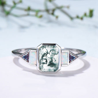 Bezel Set Emerald Cut Moss Agate Engagement Ring Five Stone Baguette Opal & Trillian Alexandrite Wedding Anniversary Ring - PENFINE