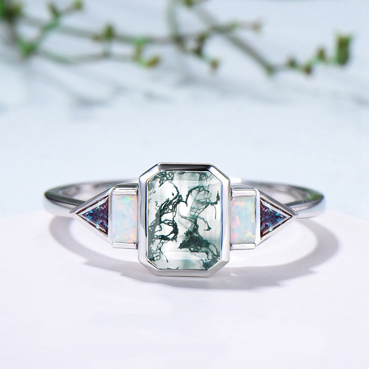 Bezel Set Emerald Cut Moss Agate Engagement Ring Five Stone Baguette Opal & Trillian Alexandrite Wedding Anniversary Ring - PENFINE