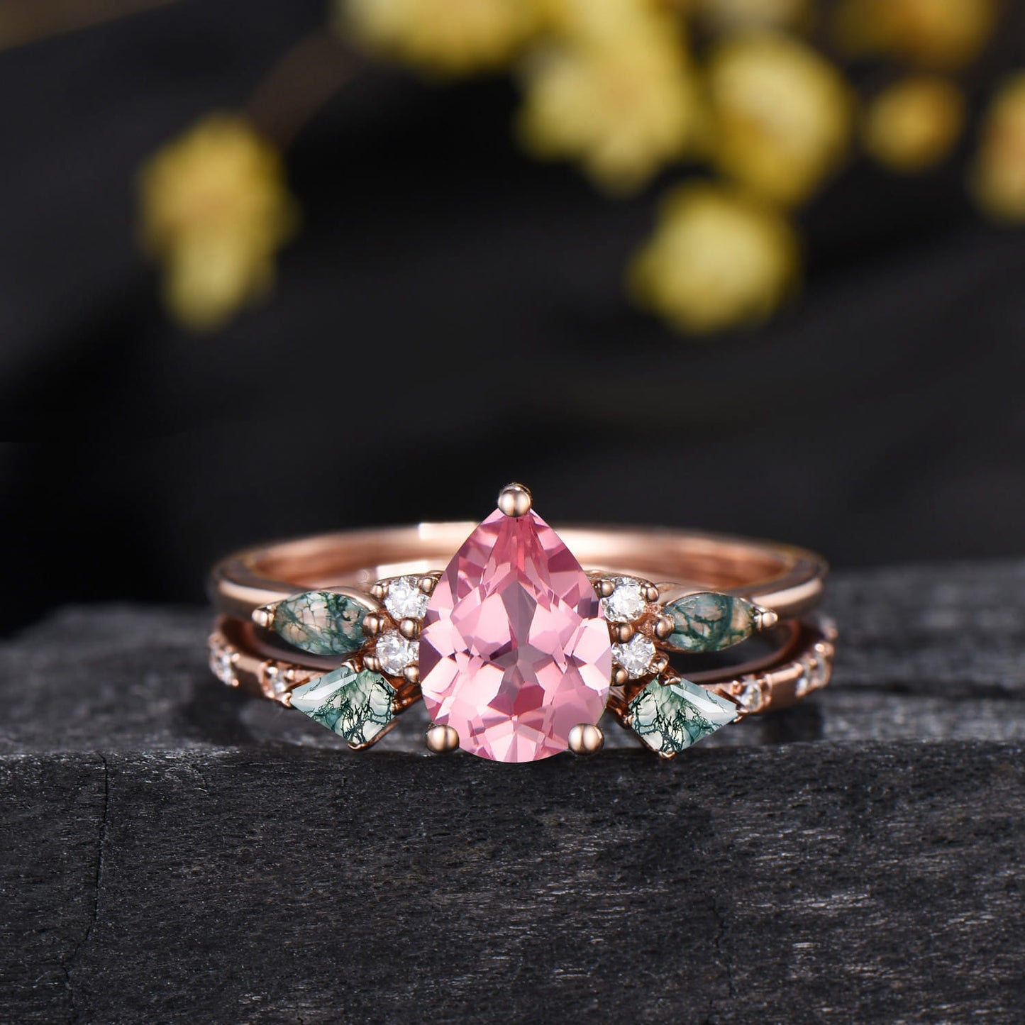 1.25 CT Pear Shaped Padparadscha Sapphire Engagement Ring Set, Cluster Kite & Marquise Moss Agate