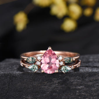 1.25 CT Pear Shaped Padparadscha Sapphire Engagement Ring Set, Cluster Kite & Marquise Moss Agate