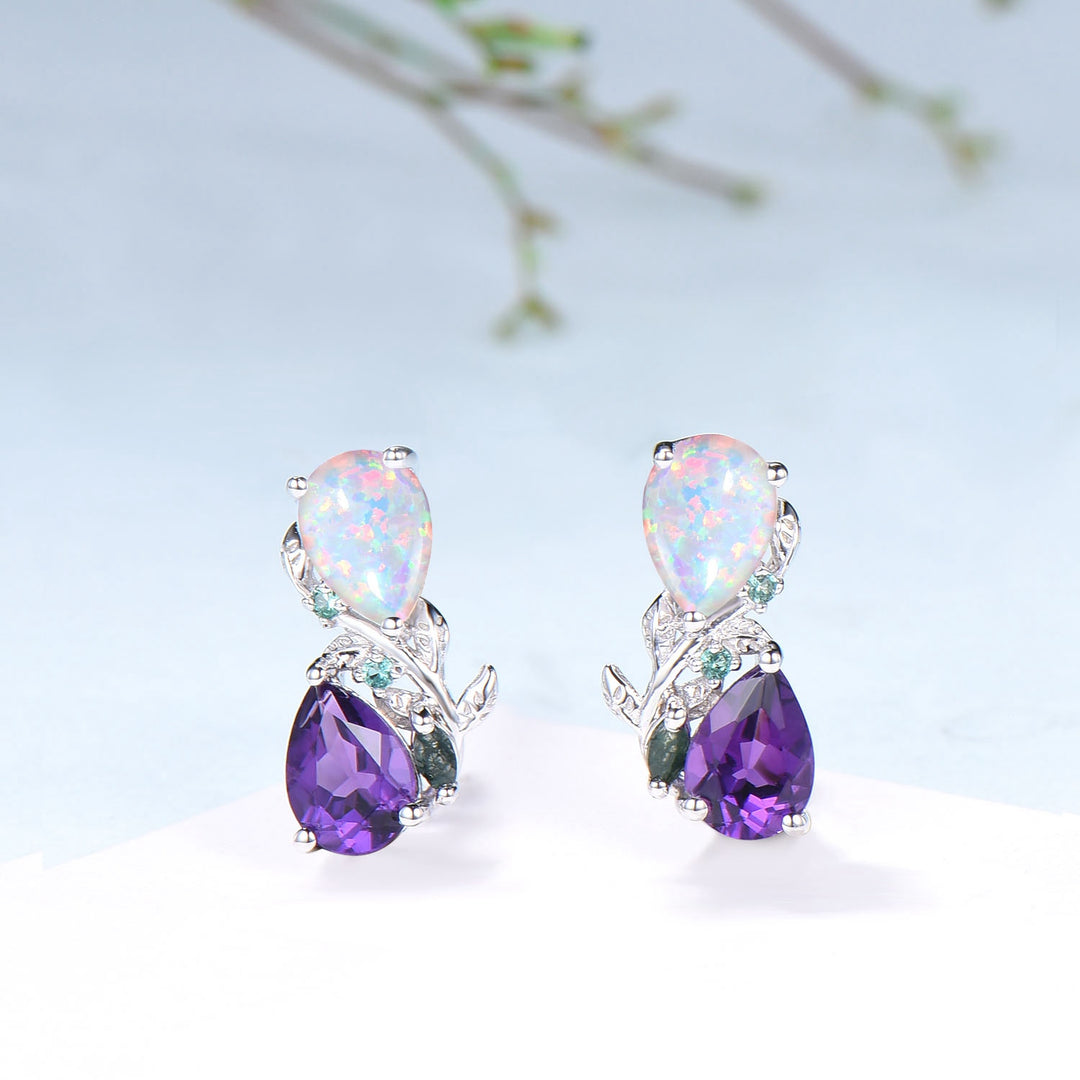 Nature Inspired Opal Amethyst Pendant Necklace Women Unique Alternative Stud Earrings Branch Snake pear shaped leaf wedding set promise gift - PENFINE