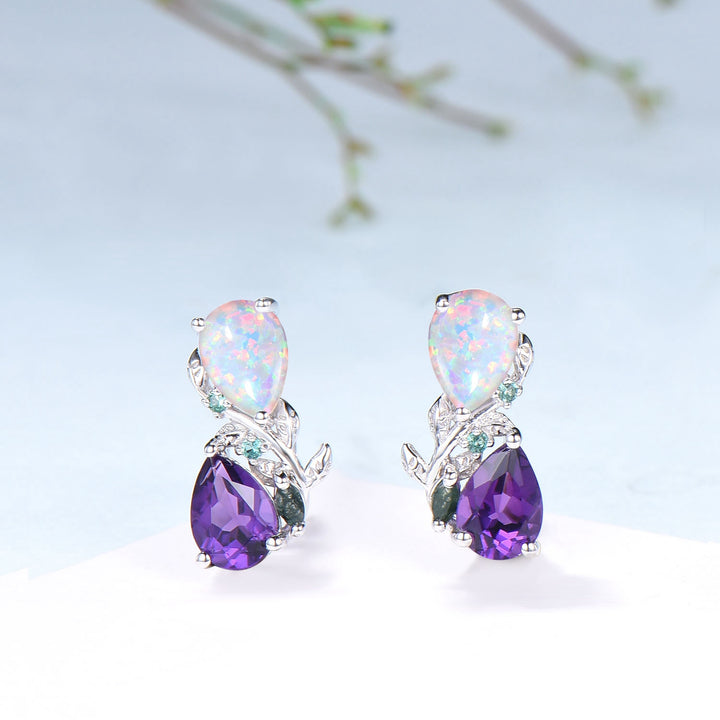Nature Inspired Opal Amethyst Pendant Necklace Women Unique Alternative Stud Earrings Branch Snake pear shaped leaf wedding set promise gift - PENFINE