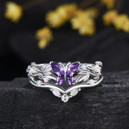 Nature inspired amethyst engagement ring set Twig leaf vine butterfly wedding set rose gold opal moissanite stacking bridal ring set women