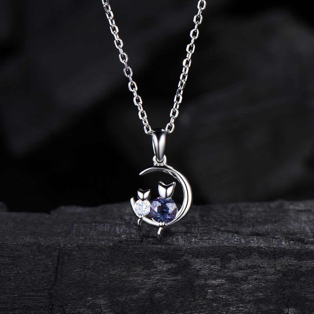 Dainty cat alexandrite moonstone necklace cute silver white gold moon family pendant personalized Two cats lying on the moon rocking chair - PENFINE