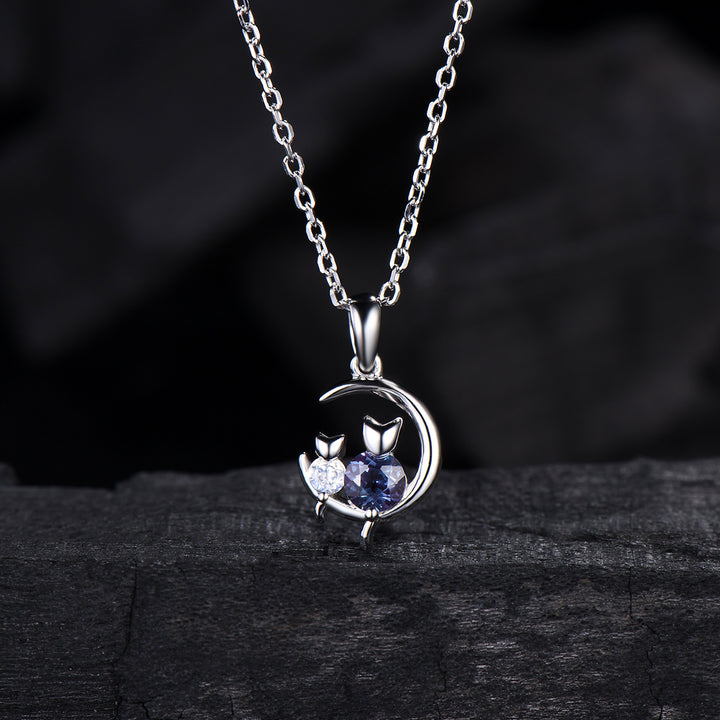 Dainty cat alexandrite moonstone necklace cute silver white gold moon family pendant personalized Two cats lying on the moon rocking chair - PENFINE