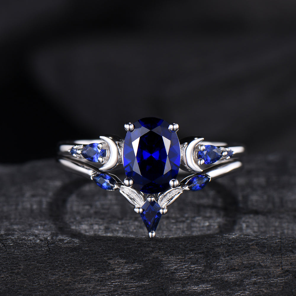 1.5 Carat oval blue sapphire engagement ring set vintage five stone moon engagement ring Elegant white gold pear sapphire wedding ring set - PENFINE