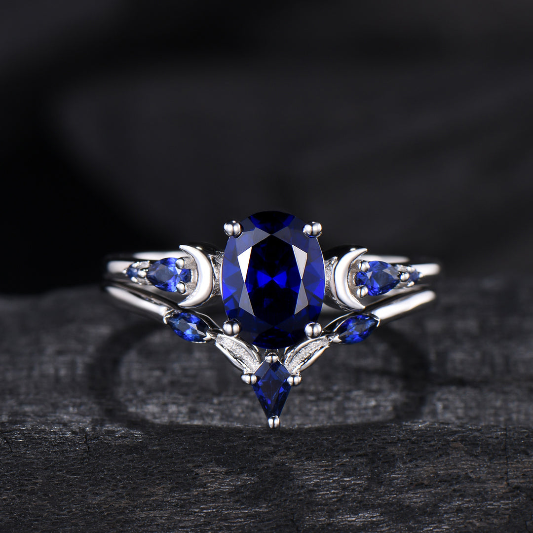 1.5 Carat oval blue sapphire engagement ring set vintage five stone moon engagement ring Elegant white gold pear sapphire wedding ring set - PENFINE