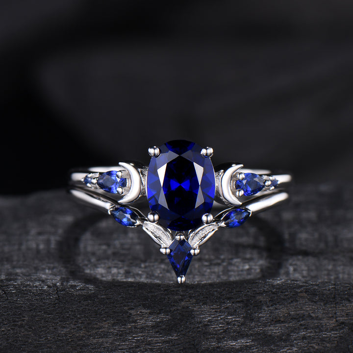 1.5 Carat oval blue sapphire engagement ring set vintage five stone moon engagement ring Elegant white gold pear sapphire wedding ring set - PENFINE