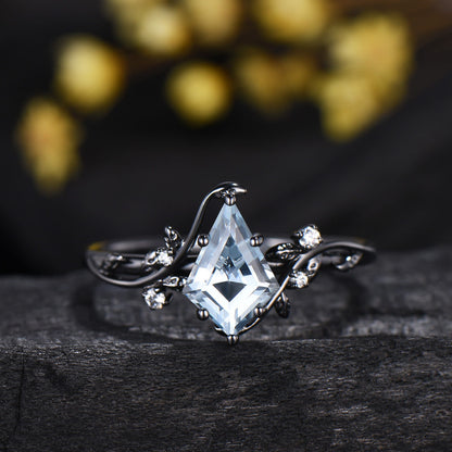 Gothic Aquamarine ring set Unique 7x10mm kite cut aquamarine engagement ring set black gold marquise moonstone nature inspired wedding set