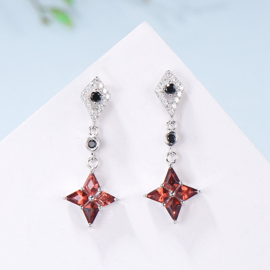 Kite Cut Natural Garnet Drop Earrings with Black Spinel & Moissanite Diamond - PENFINE