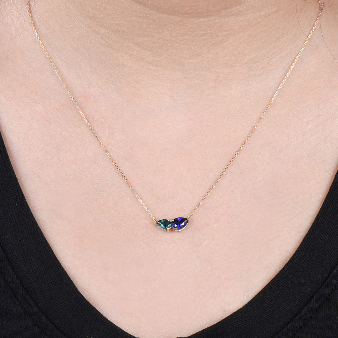 Teardrop Sapphire Emerald Yellow Gold Necklace, Toi et Moi Pendant