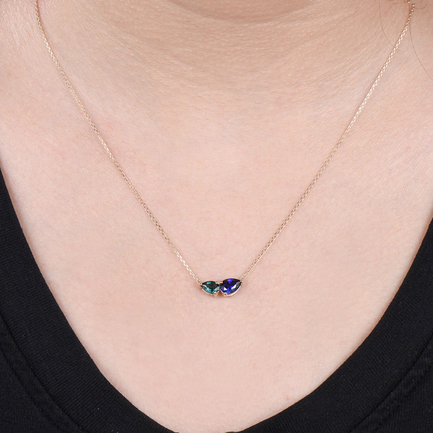 Teardrop Sapphire Emerald Yellow Gold Necklace, Toi et Moi Pendant