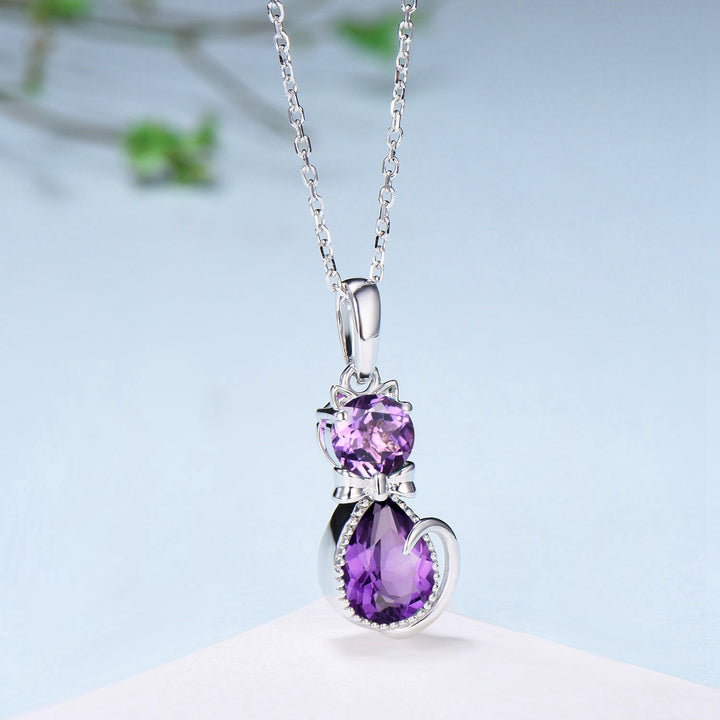 Elegant cat amethyst pendant necklace cute silver 14k white gold Bow round pear shaped amethyst necklace unique Cat's Paw anniversary gift - PENFINE