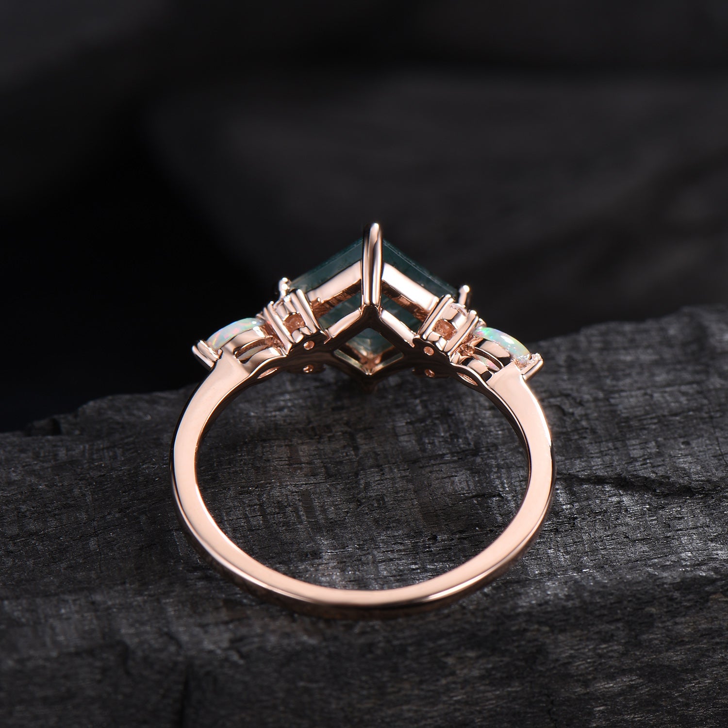 2CT Natural Princess Cut Moss Agate Engagement Ring: Moissanite & Marqusie Opal Accents