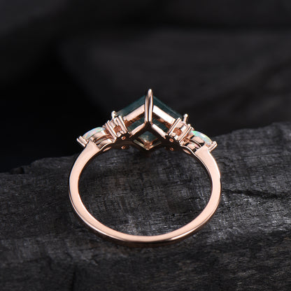 2CT Natural Princess Cut Moss Agate Engagement Ring: Moissanite & Marqusie Opal Accents
