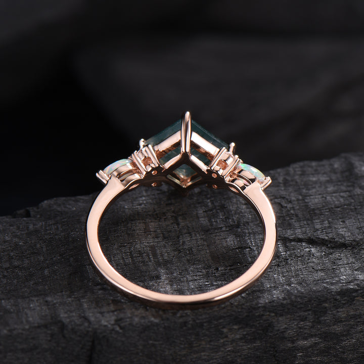 2CT Natural Princess Cut Moss Agate Engagement Ring: Moissanite & Marqusie Opal Accents