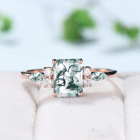 Vintage Emerald Cut Moss Agate Ring Rose Gold Art Deco 7 Stone Cluster Aquatic Agate Engagement Ring Marquise Moss Moissanite Wedding Ring - PENFINE