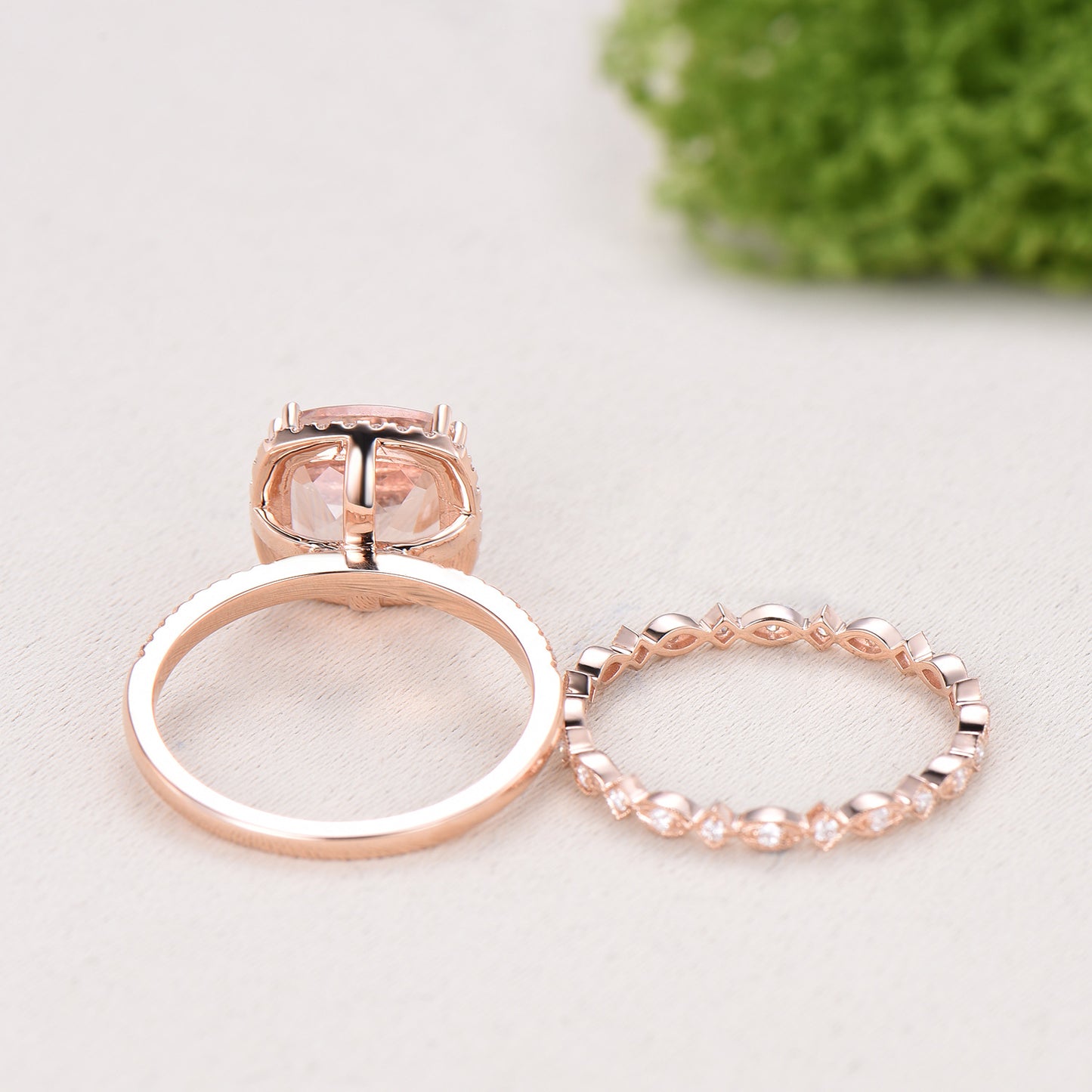 3ct cushion cut natural morganite engagement ring set Vintage 14k rose gold bridal ring set Full eternity Milgrain matching band - PENFINE
