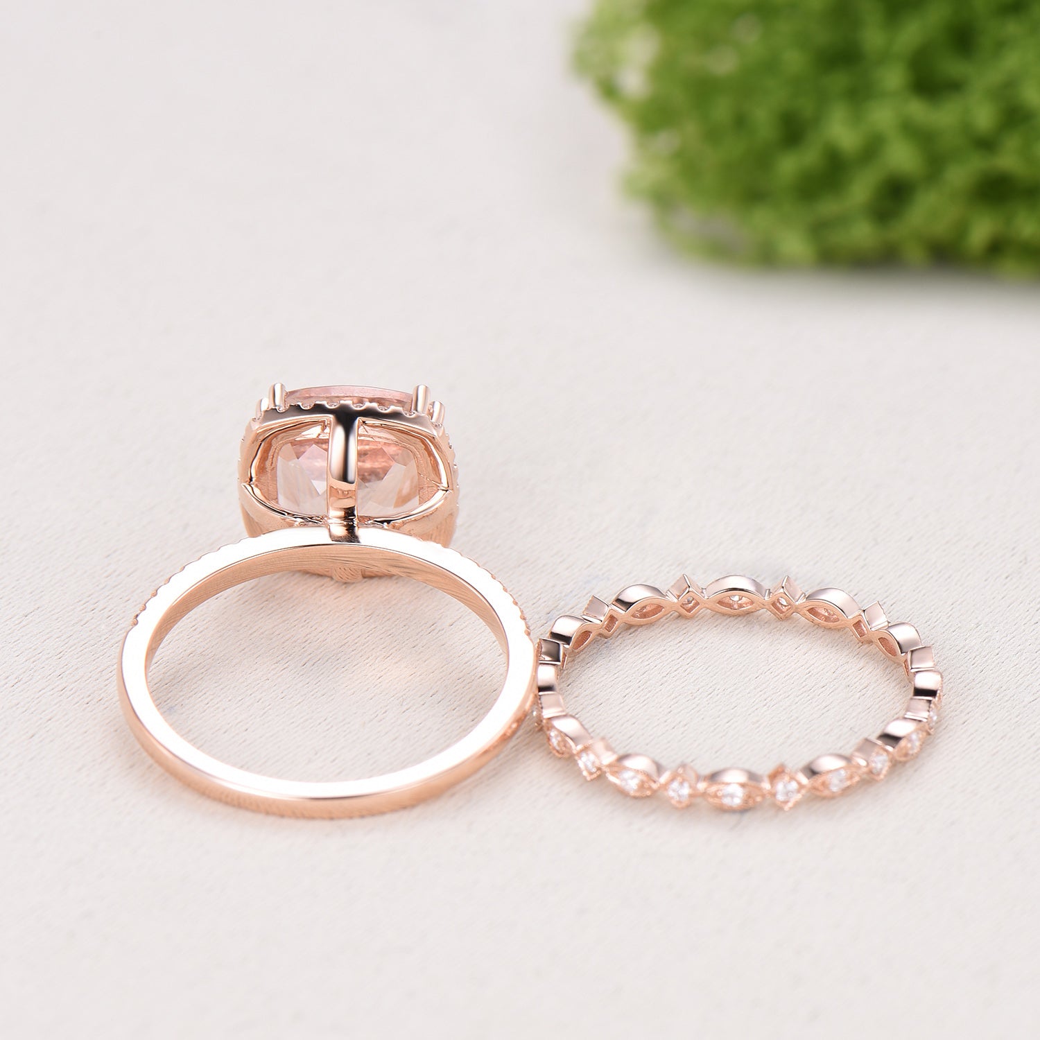 3ct cushion cut natural morganite engagement ring set Vintage 14k rose gold bridal ring set Full eternity Milgrain matching band - PENFINE