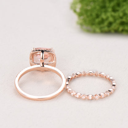 3ct cushion cut natural morganite engagement ring set Vintage 14k rose gold bridal ring set Full eternity Milgrain matching band - PENFINE