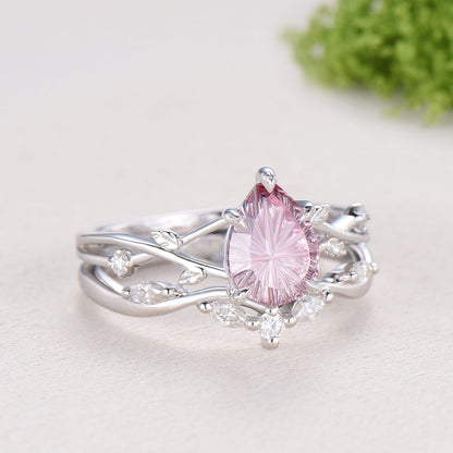 New Starburst Cut Padparadscha Sapphire Engagement Ring Set: Nature Inspired Leaf Twig Bridal Set