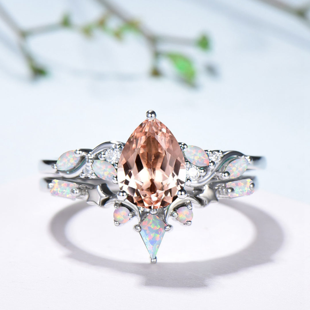 Pear Shaped Natural Morganite Opal Engagement Ring Set: The Fae Queen's Teardrop Nesting Ring - PENFINE