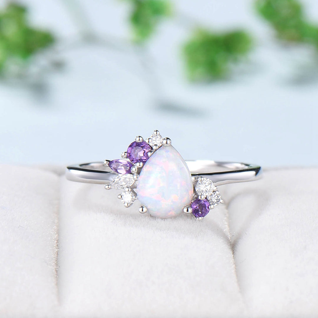 Unique fire opal engagement ring Vintage Teardrop white opal bridal ring silver alternative cluster amethyst wedding ring anniversary gift - PENFINE