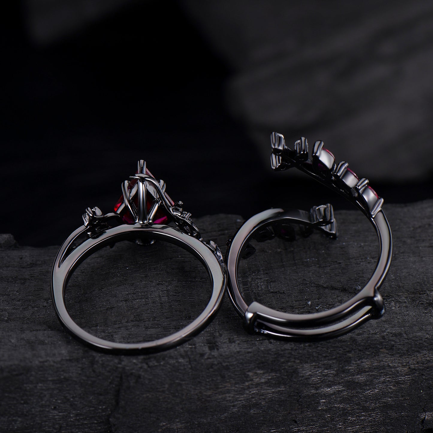 Unique gothic kite cut ruby engagement ring set black gold cluster engagement ring leaf branch nature inspired marquise ruby wedding set