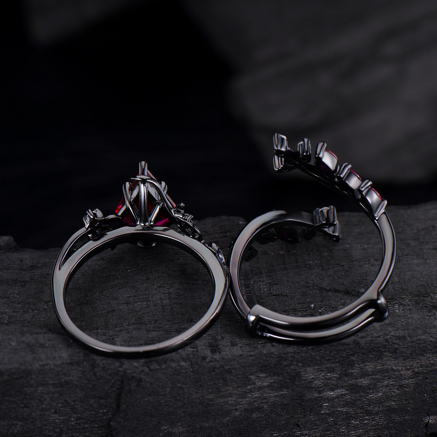 Unique gothic kite cut ruby engagement ring set black gold cluster engagement ring leaf branch nature inspired marquise ruby wedding set