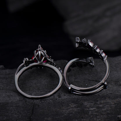 Unique gothic kite cut ruby engagement ring set black gold cluster engagement ring leaf branch nature inspired marquise ruby wedding set