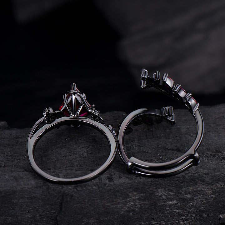 Unique gothic kite cut ruby engagement ring set black gold cluster engagement ring leaf branch nature inspired marquise ruby wedding set