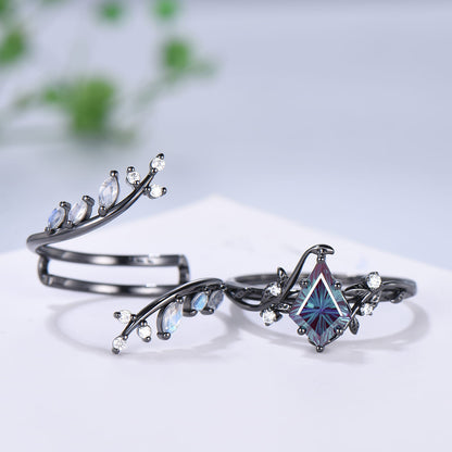 Gothic Black Gold 1.5CT Kite Cut Starburst Alexandrite Moonstone Engagement Ring Set