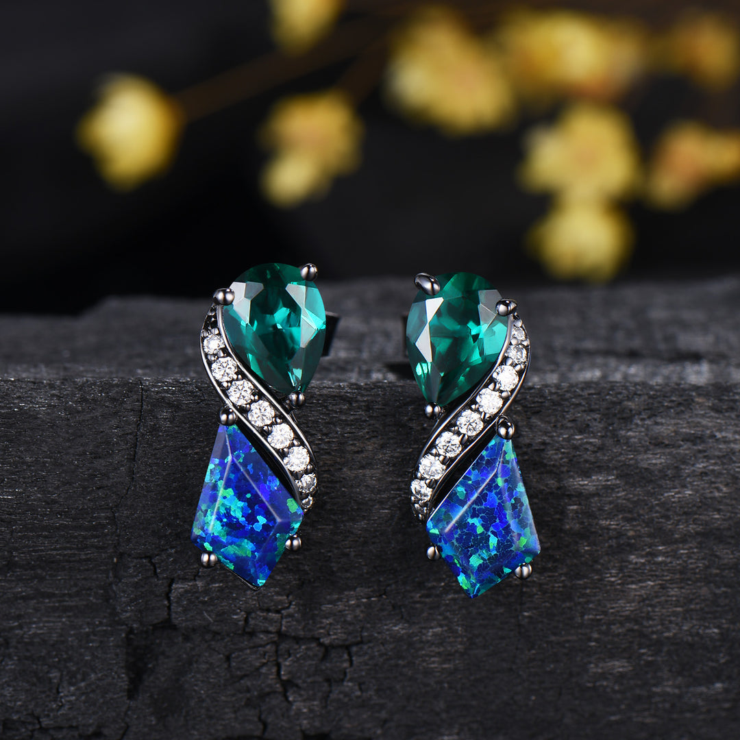 Gothic Black Gold Opal Emerald Stud Earrings, Vintage Art Deco Style Drop Earrings, Kite Black Fire Opal & Pearl Emerald Nature Inspired