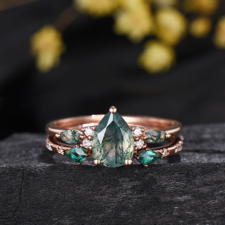 Vintage Pear Shaped Natural Moss Agate Engagement Ring Set 14K Rose Gold Marquise Emerald Opal Wedding Bridal Set Unique Anniversary Gift