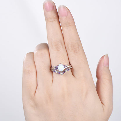 Unique White Opal Engagement Ring Set Alternative Cluster Amethyst Fire Opal Wedding Ring Vintage  Bee Opal Amethyst Bridal Set For Women