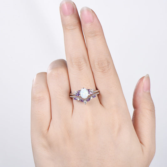 Unique White Opal Engagement Ring Set Alternative Cluster Amethyst Fire Opal Wedding Ring Vintage  Bee Opal Amethyst Bridal Set For Women