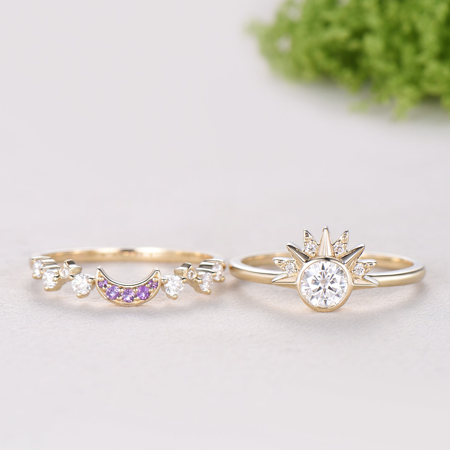 Unique 0.5 Carat Moissanite Ring Crescent Moon Moissanite Engagement Ring Set Sun And Moon Wedding Ring Art Deco Star Bridal Ring Set Women