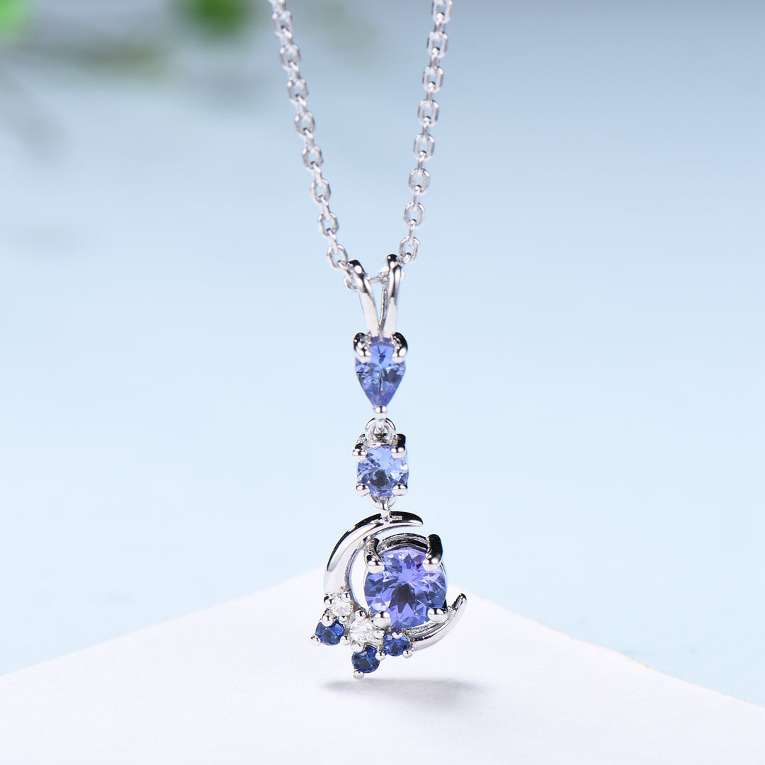 Unique Crescent Moon Tanzanite Necklace Elegant Cluster Sapphire Pendant Necklace 14k/18k White gold silver necklace promise gift for women - PENFINE