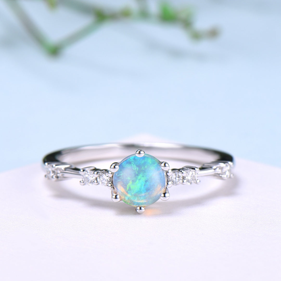 Dainty Natural Fire Opal Ring Natural Inspired White Opal Diamond Engagement Ring White Gold Minimalist Bridal Anniversary Ring for Women - PENFINE