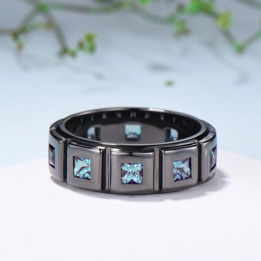 Black Gold Brushed Finish Mens Wedding Band Unisex Frame Princess Cut Alexandrite Men's Wedding Ring Anniversary Stacking Matching Band Gift - PENFINE