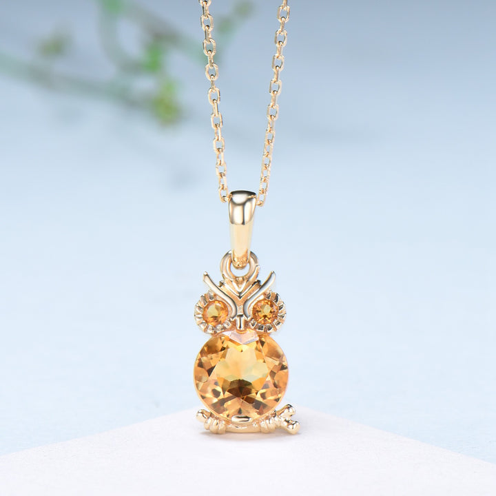 Unique Cute Owl Natural Citrine Wedding Necklace Sterling Silver Yellow Gold Mother's Pendant Animal Inspired Anniversary Gift for Daughter - PENFINE