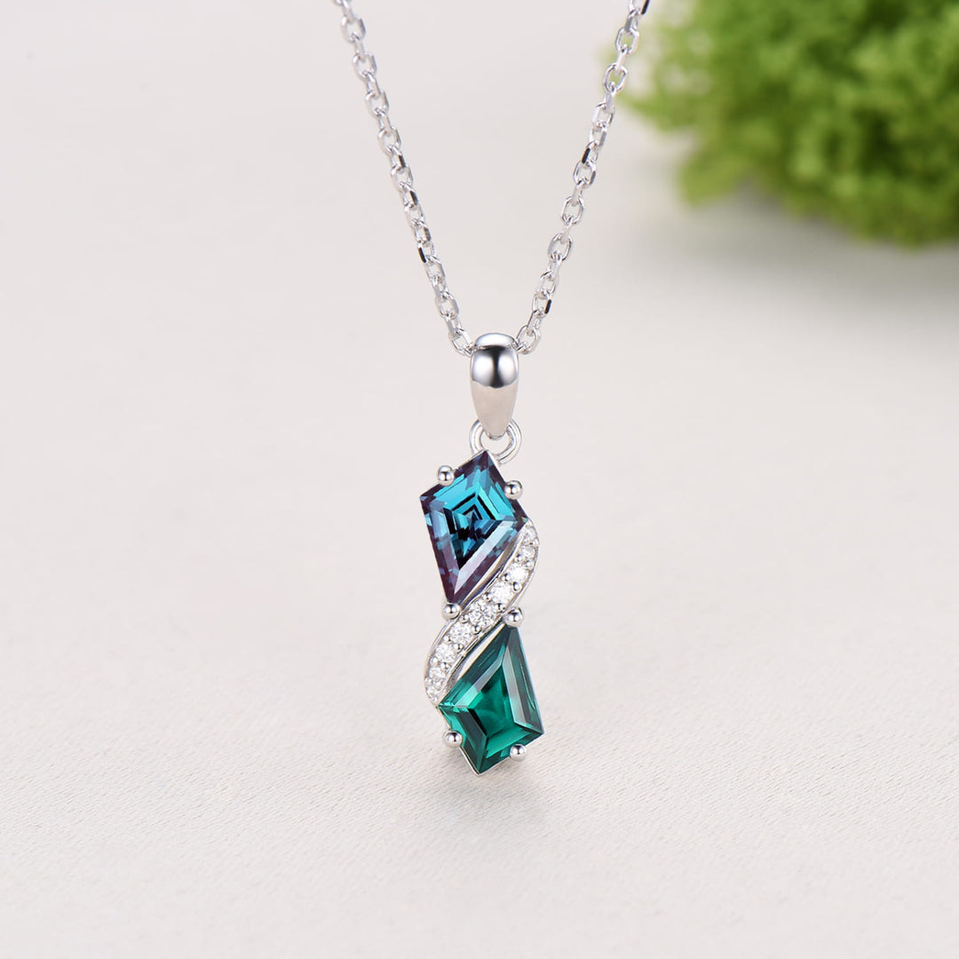 Two-Tone Kite Cut Alexandrite and Emerald Necklace Pendant | White Gold Moissanite Accent Snake Necklace - PENFINE