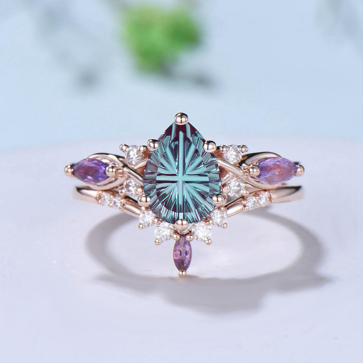 Pear Shaped Fantasy Cut Color-change Alexandrite Wedding Ring Amethyst Diamond Bridal Set
