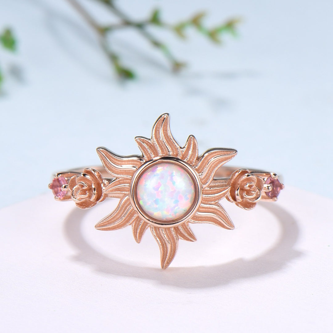 Sunflower ring round fire opal engagement ring nature inspired pink tourmaline wedding ring vintage flower anniversary promise ring for wife - PENFINE
