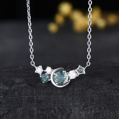 Moss Agate Star Moon Necklace Cluster Pendant Gifts For Women