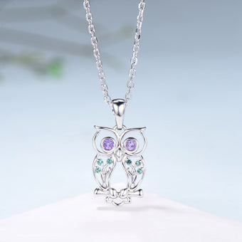 Elegant Owl Pendant Necklace Animal Inspired Amethyst Emerald Pendant Necklace Silver Yellow Gold Emerald Hollow Night Owl Anniversary Gift - PENFINE